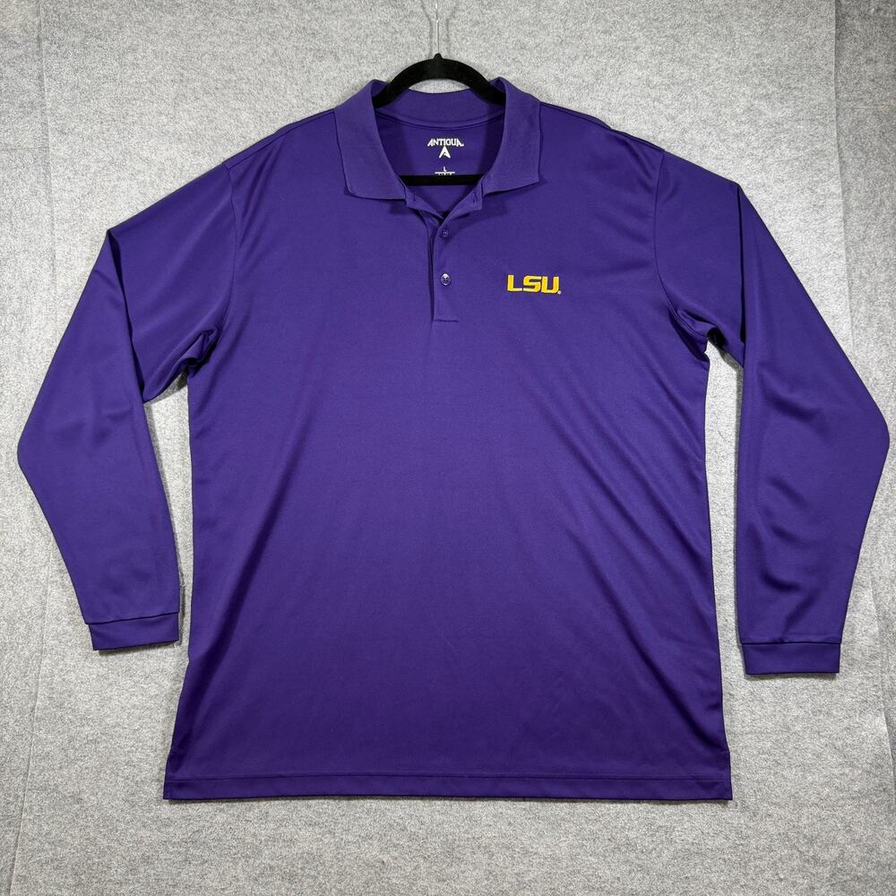Antigua LSU Tigers Polo Mens L Purple Long Sleeve Moisture Wicking Golf Game Day